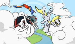Size: 1280x752 | Tagged: safe, artist:onsaud, derpy hooves, oc, bird, pegasus, pony, g4, female, flying, mare