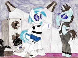 Size: 900x678 | Tagged: safe, artist:wjmmovieman, dj pon-3, neon lights, octavia melody, rising star, vinyl scratch, g4, accident, assisted exposure, backstage, belly button, boxers, clothes, hoofbump, humiliation, oops, panties, pantsing, traditional art, tripped, underwear, undressing