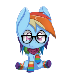 Size: 1496x1704 | Tagged: safe, artist:rufflemuff, rainbow dash, g4, chibi, clothes, female, glasses, hipster, rainbow dork, rainbow socks, scarf, socks, solo, striped socks