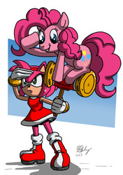 Size: 700x993 | Tagged: safe, artist:projectzuel, pinkie pie, g4, amy rose, crossover, sonic the hedgehog (series)