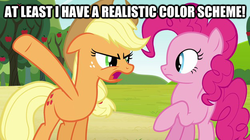 Size: 625x351 | Tagged: safe, edit, edited screencap, screencap, applejack, pinkie pie, earth pony, pony, g4, angry, eye contact, female, frown, glare, image macro, looking at each other, mare, raised hoof, text