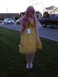 Size: 1200x1600 | Tagged: artist needed, safe, fluttershy, human, g4, anime north, clothes, cosplay, cutie mark, dress, hairstyle, irl, irl human, lanyard, photo, solo