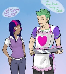 Size: 1280x1437 | Tagged: safe, artist:demdoodles, spike, twilight sparkle, g4, apron, baking, clothes, dark skin, humanized