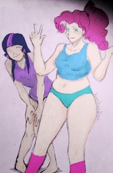 Size: 668x1024 | Tagged: safe, artist:demdoodles, pinkie pie, twilight sparkle, human, g4, belly button, clothes, humanized, pajamas, panties, sleepover, socks, tank top, underwear