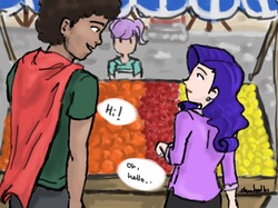 Size: 1280x957 | Tagged: safe, artist:demdoodles, rarity, oc, human, g4, cape, clothes, fruit stand, humanized, market