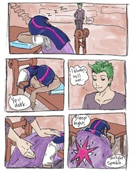 Size: 1280x1661 | Tagged: safe, artist:demdoodles, spike, twilight sparkle, g4, blanket, book, comic, humanized, sleeping