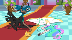 Size: 1920x1080 | Tagged: safe, artist:trinityinyang, princess celestia, queen chrysalis, a canterlot wedding, g4, humanized, scene interpretation, sleeping beauty, worfed