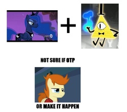 Size: 709x624 | Tagged: safe, princess luna, g4, bill cipher, dreamscaperers, exploitable meme, futurama, gravity falls, make it happen, male, meme, meta, otp, philip j. fry, ponified