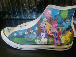 Size: 900x675 | Tagged: safe, artist:gamergirl84244, applejack, derpy hooves, fluttershy, gummy, pinkie pie, rainbow dash, rarity, twilight sparkle, pegasus, pony, g4, balloon, converse, female, mare, photo, shoes