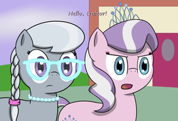 Size: 950x650 | Tagged: safe, artist:pvryohei, diamond tiara, silver spoon, g4, dialogue, glasses, out of context