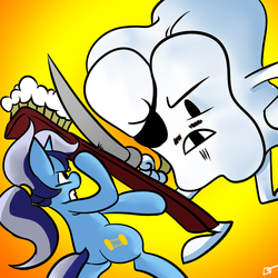 Size: 1000x1000 | Tagged: dead source, safe, artist:fauxsquared, minuette, pony, unicorn, g4, eyepatch, fight, pirate, sword, tooth, toothbrush, weapon