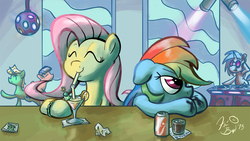 Size: 1000x563 | Tagged: safe, artist:flavinbagel, dj pon-3, fluttershy, rainbow dash, vinyl scratch, g4, alcohol, bar, drink, nightclub, party, soda