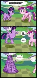 Size: 616x1298 | Tagged: safe, artist:mistchasers, princess cadance, twilight sparkle, alicorn, pony, unicorn, g4, comic, crossover, dalek, doctor who, exterminate, female, filly, filly twilight sparkle, my little dalek, sunshine sunshine, this isn't even my final form, this will end in tears and/or death, transformation, unicorn twilight, wat, younger