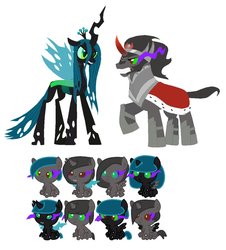 Size: 849x941 | Tagged: safe, artist:hollowolfpup, king sombra, queen chrysalis, oc, changeling, changeling queen, hybrid, pony, unicorn, g4, adoptable, adopted, colt, couple, filly, foal, interspecies offspring, male, mommy chrissy, offspring, parent:king sombra, parent:queen chrysalis, parents:chrysombra