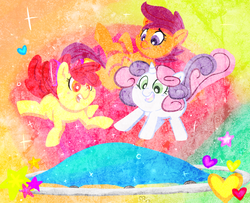 Size: 1500x1217 | Tagged: safe, artist:mt, apple bloom, scootaloo, sweetie belle, g4, cutie mark crusaders, trampoline