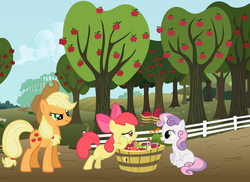 Size: 1400x1020 | Tagged: safe, apple bloom, applejack, sweetie belle, g4, apple, basket, female, lesbian, ship:sweetiebloom, shipping, sweet apple acres