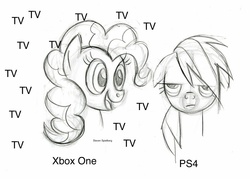 Size: 900x644 | Tagged: safe, artist:lauren faust, edit, pinkie pie, rainbow dash, g4, console wars, fake, monochrome, playstation 4, xbox one