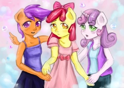 Size: 2397x1705 | Tagged: safe, artist:corelle-vairel, apple bloom, scootaloo, sweetie belle, earth pony, anthro, g4, cutie mark crusaders, human facial structure