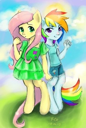 Size: 1377x2033 | Tagged: safe, artist:corelle-vairel, fluttershy, rainbow dash, anthro, unguligrade anthro, g4, human facial structure