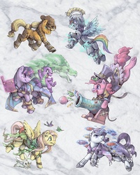 Size: 2000x2500 | Tagged: safe, artist:audrarius, applejack, fluttershy, gummy, pinkie pie, rainbow dash, rarity, spike, twilight sparkle, g4, action pose, armor, clothes, fantasy class, magic, mane seven, mane six, party cannon