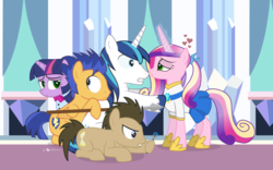 Size: 1280x800 | Tagged: safe, artist:dm29, doctor whooves, flash sentry, princess cadance, shining armor, time turner, twilight sparkle, changeling, pony, g4, bedroom eyes, clothes, doctor who, duckface, eye contact, eyes on the prize, female, frown, gritted teeth, heart, hoof hold, kissy face, magic, male, mare, ponytail, prone, skirt, smiling, sonic screwdriver, spear, stallion, the doctor, wide eyes