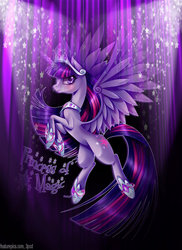 Size: 762x1048 | Tagged: safe, artist:blood-soaked, artist:rubypm, edit, twilight sparkle, alicorn, pony, g4, beautiful, female, lightly watermarked, long mane, long tail, mare, slender, solo, spread wings, tail, thin, twilight sparkle (alicorn), wallpaper, wallpaper edit, watermark, wings