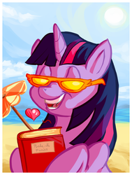 Size: 551x728 | Tagged: safe, artist:spiralchasm, twilight sparkle, g4, beach, book, female, glasses, heart, solo