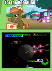 Size: 563x771 | Tagged: safe, apple bytes, archer (g4), button mash, scootablue, g4, arcade, arcade game, exploitable meme, high score plays, meme, star wars, star wars trilogy arcade