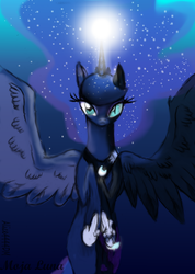 Size: 4816x6746 | Tagged: safe, artist:alicjaspring, nightmare moon, princess luna, alicorn, pony, g4, :c, absurd resolution, crown, digital art, duality, female, frown, glowing, glowing horn, hoof shoes, horn, jewelry, looking at you, magic, mare, nightmare luna, peytral, regalia, solo, spread wings, transformation, transforming accessories, wings