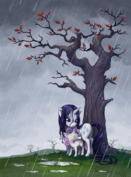 Size: 1920x2592 | Tagged: safe, artist:cmaggot, rarity, sweetie belle, g4, rain, tree, wet, wet mane, wet mane rarity