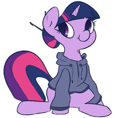 Size: 613x595 | Tagged: safe, artist:elslowmo, artist:nohooves, twilight sparkle, pony, unicorn, g4, clothes, female, hoodie, sitting, solo