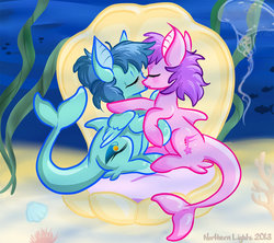 Size: 948x842 | Tagged: safe, artist:northernlightsmlp, oc, oc only, original species, shark, shark pony, commission, female, kissing, lesbian, shipping, underwater