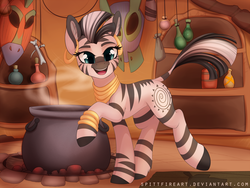 Size: 1400x1050 | Tagged: safe, artist:spittfireart, zecora, zebra, g4, cauldron, cute, female, happy, open mouth, smiling, solo, zecorable