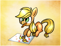 Size: 812x612 | Tagged: safe, artist:flarities, applejack, g4, drawing, female, hatless, missing accessory, mouth hold, pencil, prone, solo