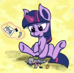 Size: 1400x1394 | Tagged: safe, artist:cezzlo, smarty pants, twilight sparkle, g4, female, filly, filly twilight sparkle, magic, sitting, solo, younger