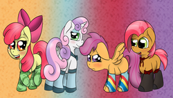 Size: 1920x1080 | Tagged: safe, artist:php192, apple bloom, babs seed, scootaloo, sweetie belle, g4, adorababs, adorabloom, blushing, clothes, cute, cutealoo, cutie mark crusaders, diasweetes, socks, wallpaper