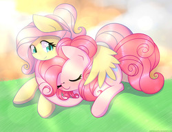 Size: 3300x2550 | Tagged: safe, artist:joyfulinsanity, fluttershy, pinkie pie, earth pony, pegasus, pony, g4, cuddling, duo, female, lesbian, ship:flutterpie, shipping, sleeping, snuggling