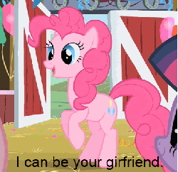 Size: 383x371 | Tagged: safe, edit, edited screencap, screencap, pinkie pie, twilight sparkle, earth pony, pony, unicorn, g4, party of one, season 1, bronybait, farm, gif, girlfriend, grammar error, image macro, non-animated gif, solo focus, unicorn twilight