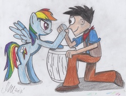 Size: 1022x781 | Tagged: safe, artist:ikemtz16, rainbow dash, human, g4, cowboy, hoofwrestle, the thoughts that count