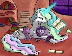 Size: 1954x1522 | Tagged: safe, artist:bri-sta, artist:php44, princess celestia, spike, twilight sparkle, g4, book, colored, golden oaks library, magic, momlestia