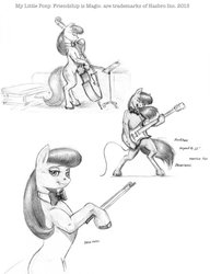 Size: 982x1280 | Tagged: safe, artist:baron engel, octavia melody, earth pony, pony, g4, bipedal, cello, female, grayscale, guitar, mare, monochrome, musical instrument, pencil drawing, rocktavia, sketch dump, solo, traditional art