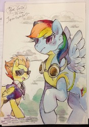 Size: 1280x1824 | Tagged: safe, artist:mi-eau, rainbow dash, spitfire, pegasus, pony, g4, wonderbolts academy, clothes, female, goggles, japan expo, japanese, mare, scene interpretation, traditional art, watercolor painting, wonderbolt trainee uniform