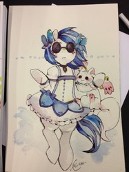Size: 1280x1707 | Tagged: safe, artist:mi-eau, dj pon-3, vinyl scratch, alien, g4, clothes, crossover, glasses, incubator (species), kyubey, magical girl, puella magi madoka magica, traditional art, watercolor painting