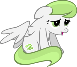 Size: 1000x877 | Tagged: safe, artist:zee66, oc, oc only, pegasus, pony, g4, cute, female, floppy ears, frown, linux, linux mint, mare, open mouth, os pony, ponified, recolor, sad, simple background, sitting, solo, spread wings, transparent background, vector
