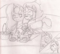 Size: 942x848 | Tagged: safe, artist:maroonjune, king sombra, princess celestia, princess luna, alicorn, pony, unicorn, g4, basket, blushing, bottle, chibi, female, glass, horn, looking at each other, looking at someone, male, monochrome, picnic, picnic basket, picnic blanket, royal sisters, ship:lumbra, shipping, siblings, sisters, small horn, straight, traditional art, wine bottle, wine glass, wip
