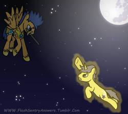 Size: 500x445 | Tagged: safe, artist:flashsentrysartwork, comet tail, flash sentry, pegasus, pony, unicorn, ask flash sentry, g4, die for our ship, fight, flying, glare, gritted teeth, magic, male, moon, moonlight, mouth hold, night, spread wings, stallion, sword, telekinesis, weapon