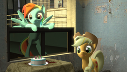 Size: 1024x576 | Tagged: safe, artist:pacificpenguin, applejack, rainbow dash, g4, 3d, cake, food, source filmmaker