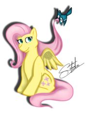 Size: 960x1280 | Tagged: safe, artist:silnat, fluttershy, bird, blue jay, g4, cute, female, fix, hair, mouth hold, sitting, smiling, solo