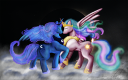 Size: 1280x805 | Tagged: safe, artist:silnat, princess celestia, princess luna, g4, eclipse, moon, sun