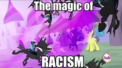 Size: 957x538 | Tagged: safe, edit, edited screencap, screencap, comet tail, changeling, g4, caption, hub logo, image macro, racism